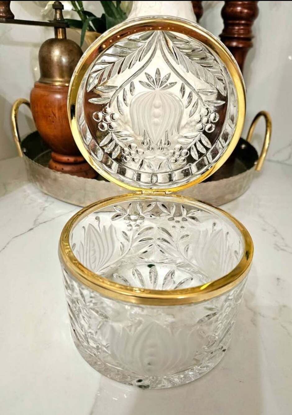Vintage French Cut Crystal Hinged Jewelry Box Brass Trim /Floral Etched Design